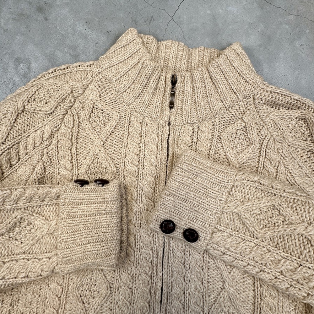 Inis Crafts Cardigan Women L (Slim‎ Fit) Beige Merino Wool Full Zip Cable Knit